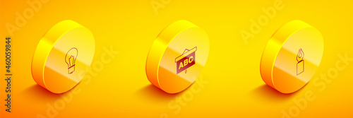 Set Isometric Light bulb with idea, Chalkboard and Fountain pen nib icon. Vector