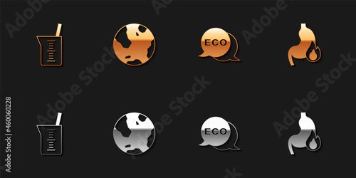 Set Laboratory glassware or beaker, Earth globe, Label for eco healthy food and Stomach heartburn icon. Vector