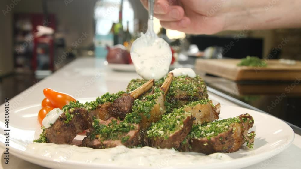 Sour cream fat pork ribs topping. Roast or grilled BBQ cut slices