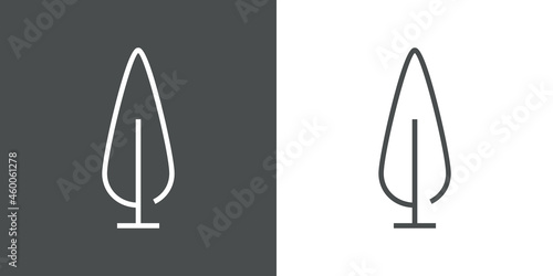 Ciprés. Logotipo lineal árbol abstracto con ramas en forma de óvalo en fondo gris y fondo blanco