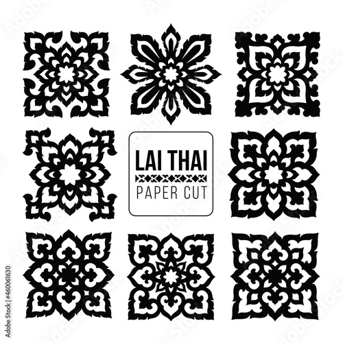 Thai traditional paper cut or Lai thai paper cut vector set design