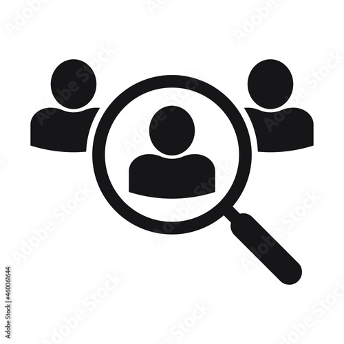 Magnifying glass looking for people icon, employee search symbol concept, headhunting, staff selection, vector illustration. Job search icon.