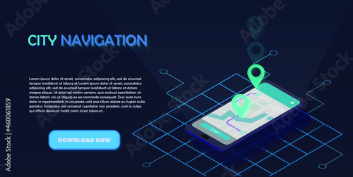 Isometric cyberpunk stylized city navigation mobile application concept. Smartphone with online map and geotags. Vector illustration