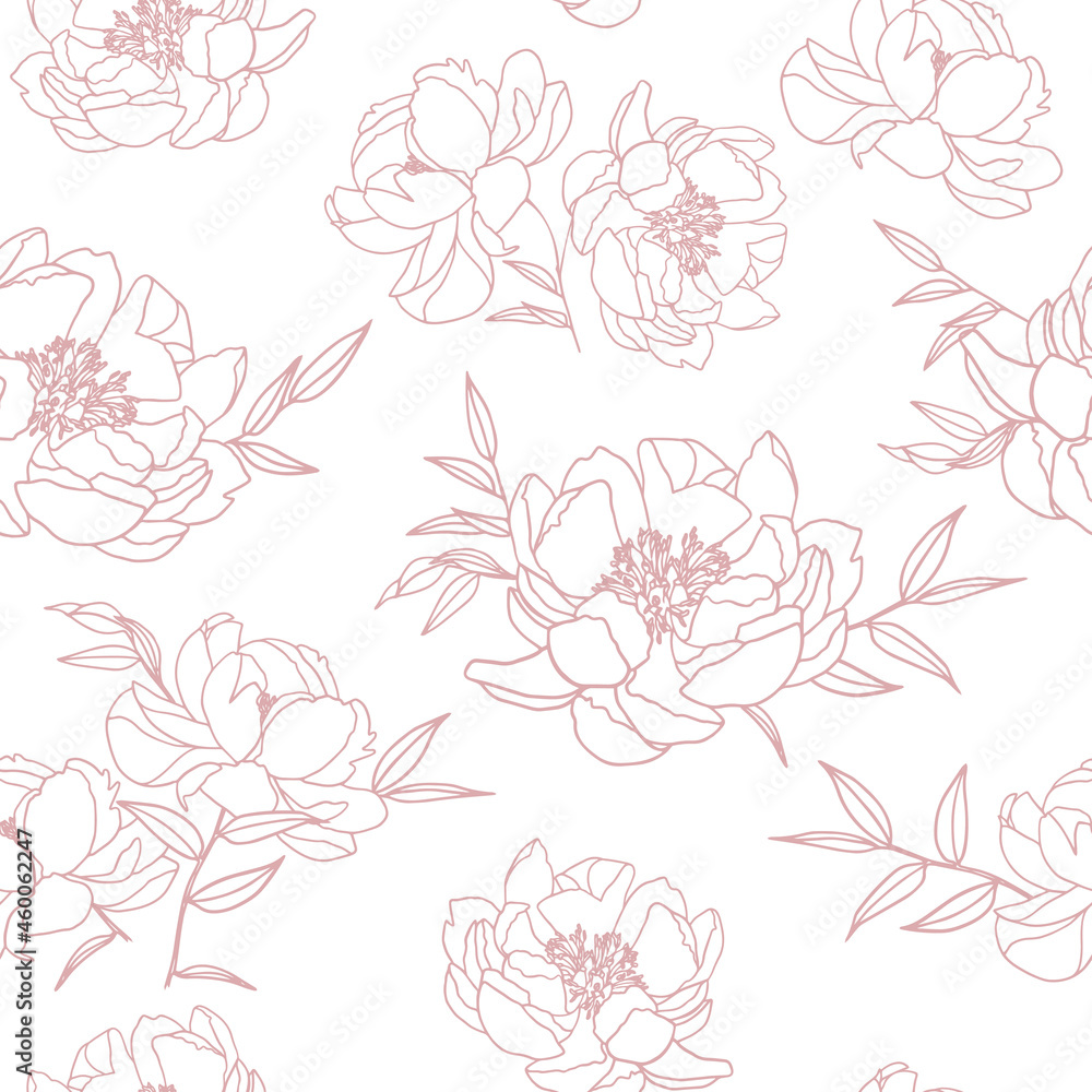 Rose, peony flower seamless pattern. Vector hand drawn seamless floral background with botanical rose, leaves. Great for invitations, fabric, print, greeting cards decor