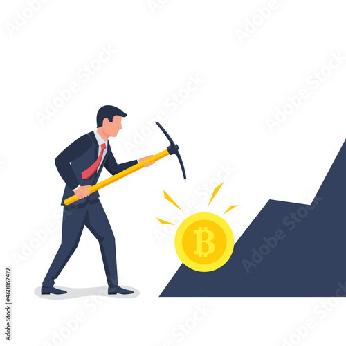 Bitcoin mining concept. Businessman with a pickaxe produces digital coins in the mountain. Vector illustration flat design. Isolated on white background. Pickaxe in hand.