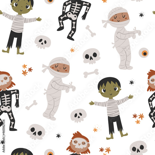 Halloween seamless pattern with kids in costumes.