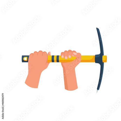 Mining concept. Pickax in hand. Mainer holds in hands tools. Mining precious stones and cryptocurrencies. Monetary mine axe. Vector illustration flat design. Isolated on white background.