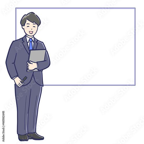 ホワイトボードの前でマイクを持ってプレゼンするスーツ男性のイラスト
