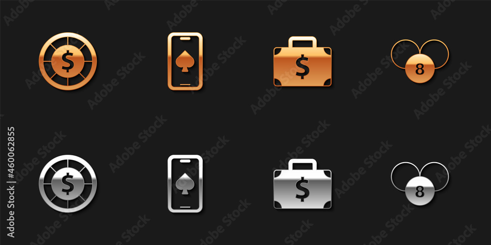 Set Casino chips, Online poker table game, Briefcase and money and Lottery ball bingo card icon. Vector Set Casino chips, Online poker table game, Briefcase and money and Lottery ball bingo card icon. Vector