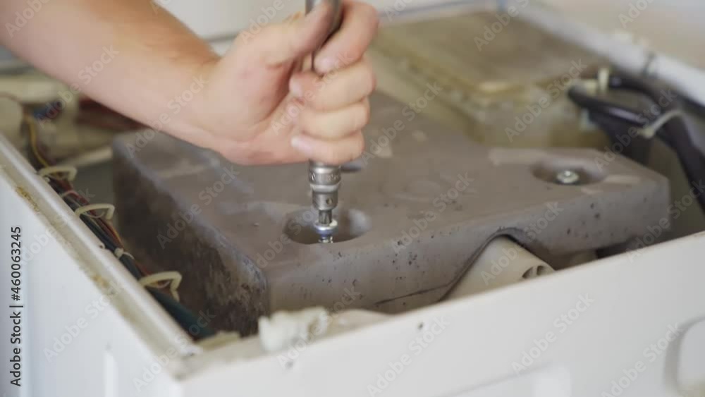 the repairman repairs the washing machine. the repairman repairs the washing machine.