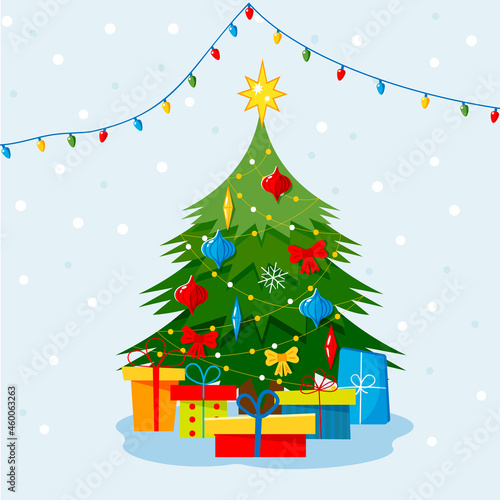 Christmas tree with star  gift boxes  star  lights  decoration balls and lamps. Vector flat plane style illustration.
