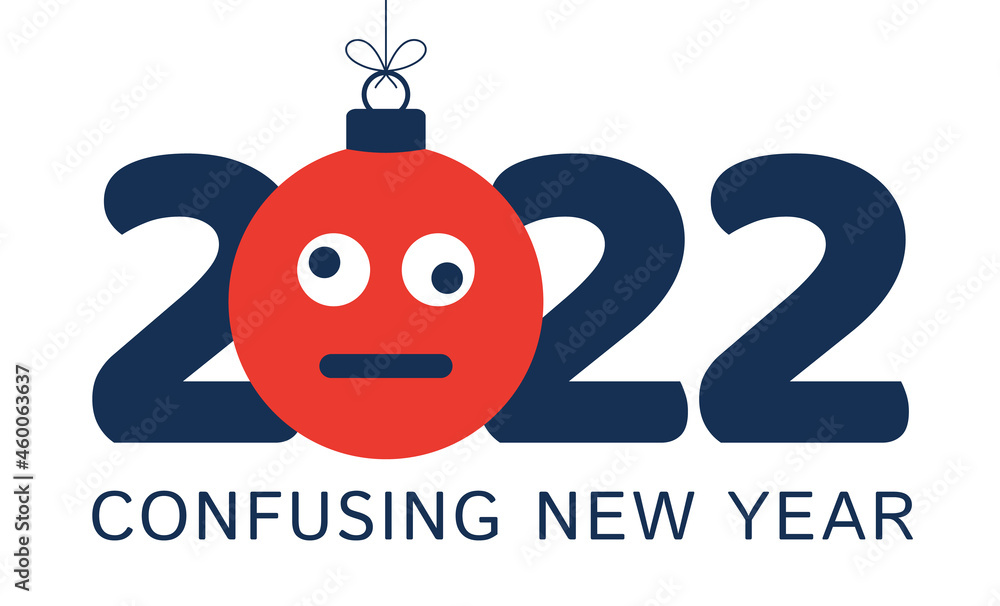 Greeting card for 2022 new year with confused emoji face that hangs on thread like a christmas toy, ball or bauble. New year emotion concept vector illustration Greeting card for 2022 new year with confused emoji face that hangs on thread like a christmas toy, ball or bauble. New year emotion concept vector illustration