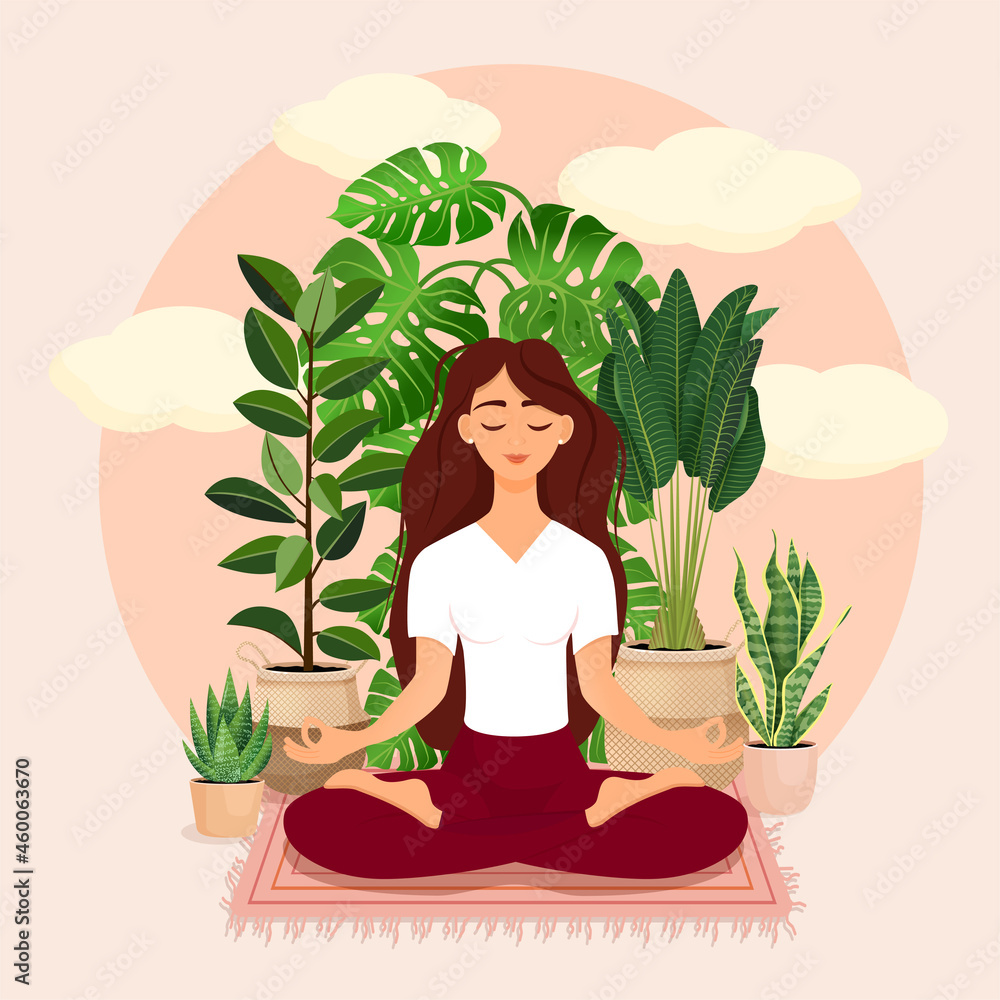 Beautiful brunette girl in a lotus pose surrounded by plants. Vector illustration of a meditating woman at home. Harmony and balance. Crossed legs. Girl in the interior. Beautiful brunette girl in a lotus pose surrounded by plants. Vector illustration of a meditating woman at home. Harmony and balance. Crossed legs. Girl in the interior.