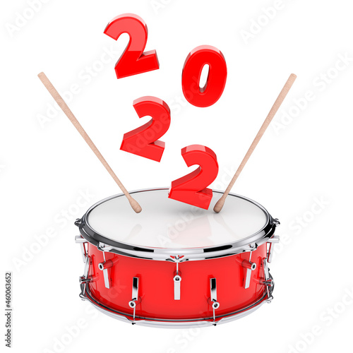 Red Snare Drum with Pair of Drum Sticks and 2022 New Year Sign. 3d Rendering