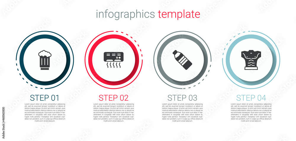 Set Wooden beer mug, Air conditioner, Bottle of water and Bodybuilder muscle. Business infographic template. Vector Set Wooden beer mug, Air conditioner, Bottle of water and Bodybuilder muscle. Business infographic template. Vector