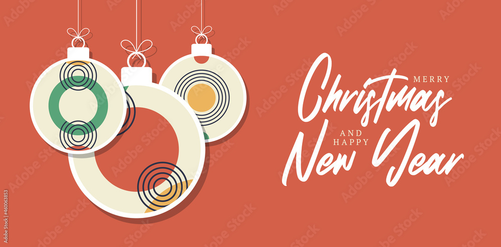 Christmas and New Year ball greeting card with decorative modern art Christmas balls and star backdrop. New year minimal 20s geometric design bauble, vector template with primitive shapes elements
