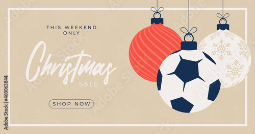Soccer Merry Christmas sale horizontal banner. Christmas card with sport football ball hang on a thread on background. Flat and cartoon Vector illustration