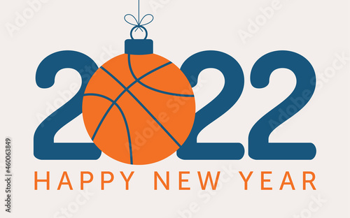 2022 Happy New Year basketball vector illustration. Flat style Sports 2022 greeting card with a basketball ball on the color background. Vector illustration.