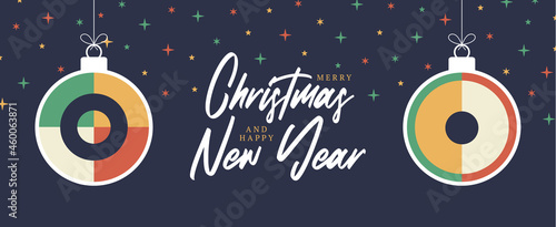 Christmas and New Year ball greeting card with decorative modern art Christmas balls and star backdrop. New year minimal 20s geometric design bauble, vector template with primitive shapes elements