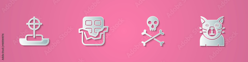 Set paper cut Tombstone with cross, Chocolate bar, Skull crossbones and Cat icon. Paper art style. Vector Set paper cut Tombstone with cross, Chocolate bar, Skull crossbones and Cat icon. Paper art style. Vector