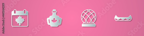Set paper cut Canada day with maple leaf, Bottle of syrup, Montreal Biosphere and Kayak icon. Paper art style. Vector