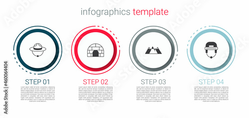 Set Canadian ranger hat, Igloo ice house, Mountains and Hockey helmet. Business infographic template. Vector