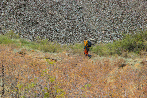 Wallpaper Mural Boguty mountains, Kazakhstan - July 17 2021: A male hiker running down the grassy mountain slope Torontodigital.ca
