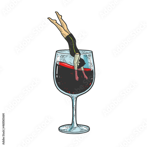 man dives into a glass of wine color sketch engraving vector illustration. T-shirt apparel print design. Scratch board imitation. Black and white hand drawn image.