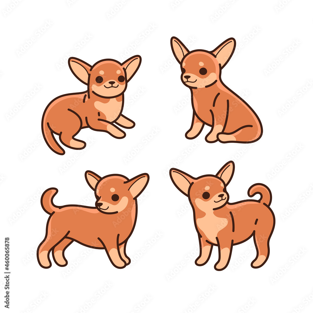 Cartoon dog icon set. Different poses of chihuahua. Vector illustration for prints, clothing, packaging, stickers.