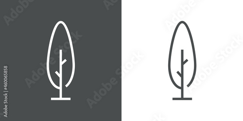 Ciprés. Logotipo lineal árbol abstracto con ramas en forma de óvalo en fondo gris y fondo blanco