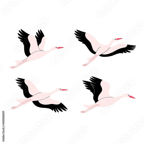 Cartoon stork icon set. Cute bird in different poses. Vector illustration for prints, clothing, packaging, stickers.