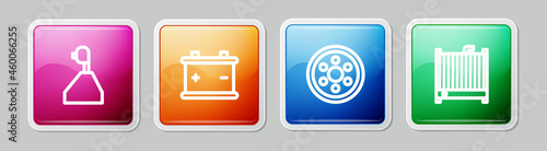 Set line Gear shifter, Car battery, Alloy wheel and radiator cooling system. Colorful square button. Vector
