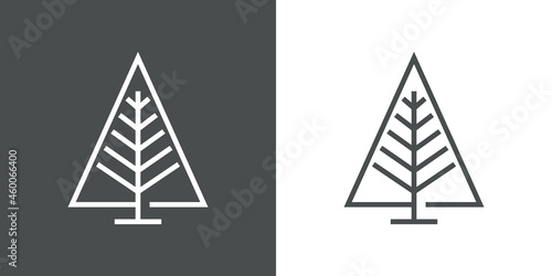 Logotipo lineal árbol de navidad abstracto con ramas en forma de triángulo en fondo gris y fondo blanco