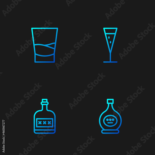 Set line Bottle of cognac or brandy, Alcohol drink Rum bottle, Glass vodka and champagne. Gradient color icons. Vector