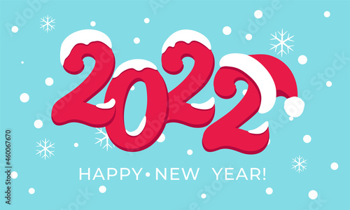New year 2022 banner. Happy new year greetings card with snowflaces and Santa Claus Hat.    Vector illustration.