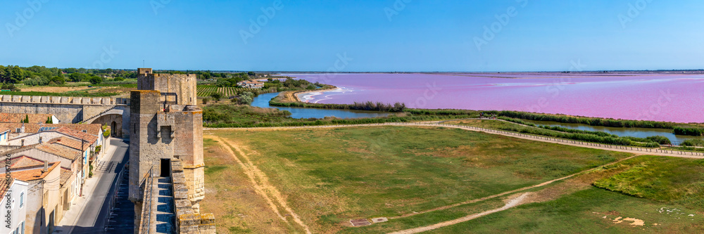 The salt marshes of Aigues-Mortes in Camargue, southern France, seen from the ramparts of the old town The salt marshes of Aigues-Mortes in Camargue, southern France, seen from the ramparts of the old town