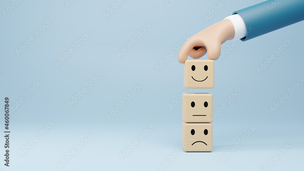 3D cartoon customer hand chooses the happy face among unhappy faces on  wooden blocks or service