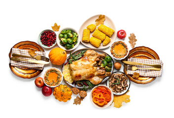 Tasty baked turkey and different food for Thanksgiving Day on white background
