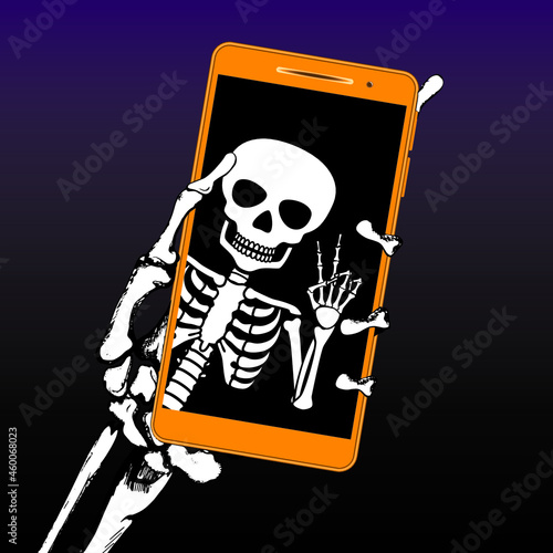 Skeleton made selfie with peace gesture on smartphone.Vector illustration.