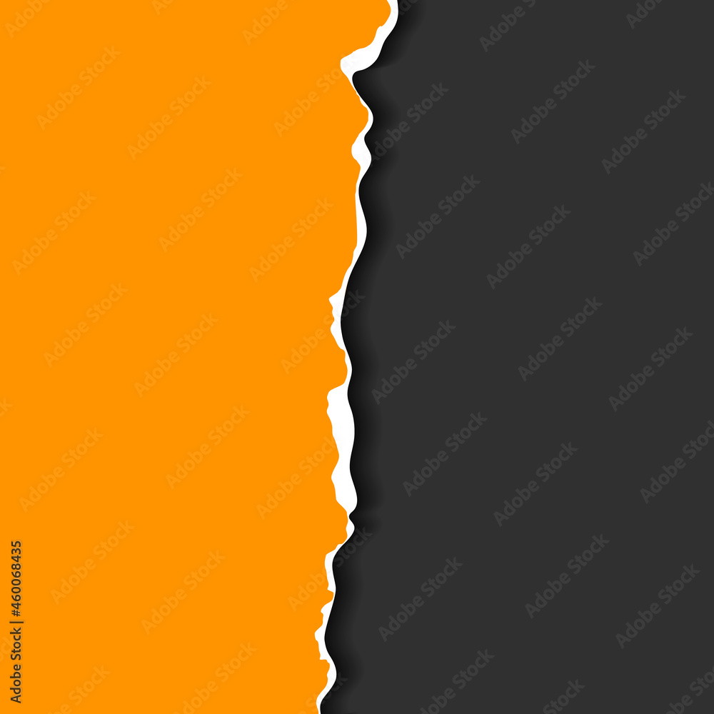 Torn, realistic, ripped strip of orange paper with a light shadow on a dark gray background. Torn cardboard.