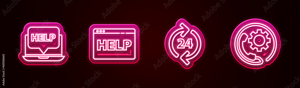 Set line Laptop and help, Browser, Telephone 24 hours support and . Glowing neon icon. Vector Set line Laptop and help, Browser, Telephone 24 hours support and . Glowing neon icon. Vector