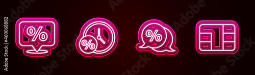 Set line Discount percent tag, Clock and, and Credit card with chip. Glowing neon icon. Vector
