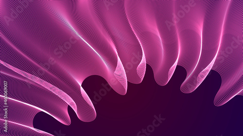 Flowing magic energy particles over dark, wave of blended dots transparent tulle textile on wind. Curved dotted 3d lines vector effect illustration. 3d futuristic style.