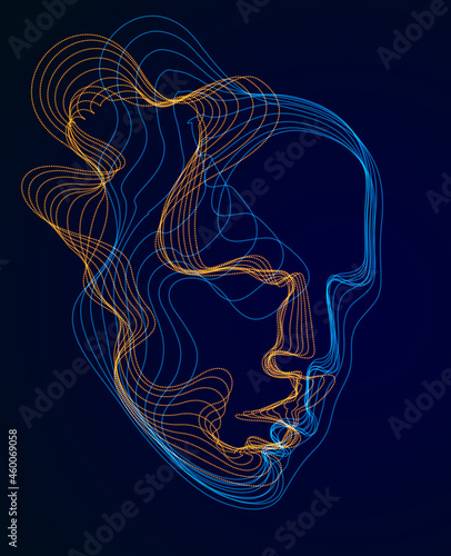 Spirit of digital electronic time, Artificial Intelligence vector illustration of human head made of dotted particles wave lines, particle flow, technological soul of machine.