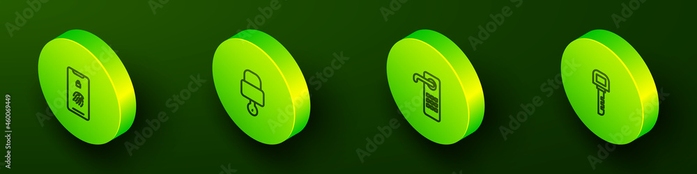 Set Isometric line Mobile with fingerprint scan, Lock and key, Digital door lock and Key icon. Vector Set Isometric line Mobile with fingerprint scan, Lock and key, Digital door lock and Key icon. Vector