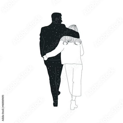 Couple in love man and woman. Guy hugs a girl, love. Esoteric mystical drawing for valentine's day cards, stickers, invitation. Hand drawn sketch art