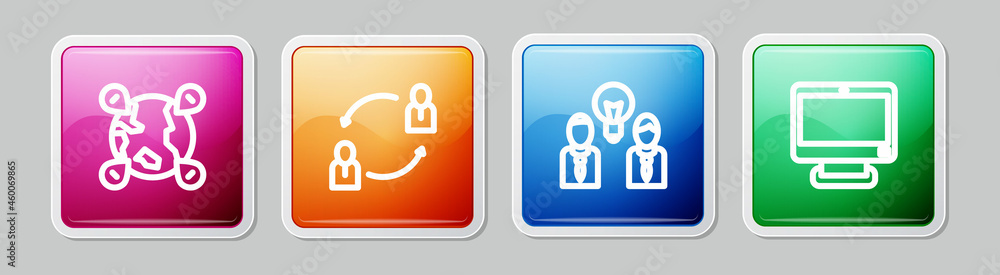 Set line Location on the globe, Human resources, People with lamp bulb and Computer monitor. Colorful square button. Vector Set line Location on the globe, Human resources, People with lamp bulb and Computer monitor. Colorful square button. Vector