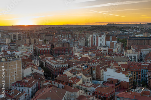 sunset over the city of Valladolid in Spain from the air