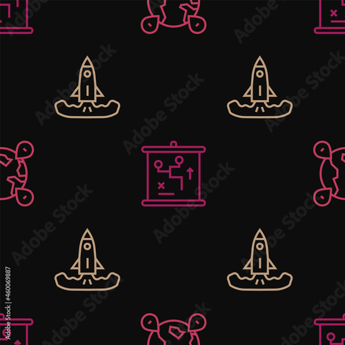Set line Location on the globe, Rocket and Planning strategy concept on seamless pattern. Vector