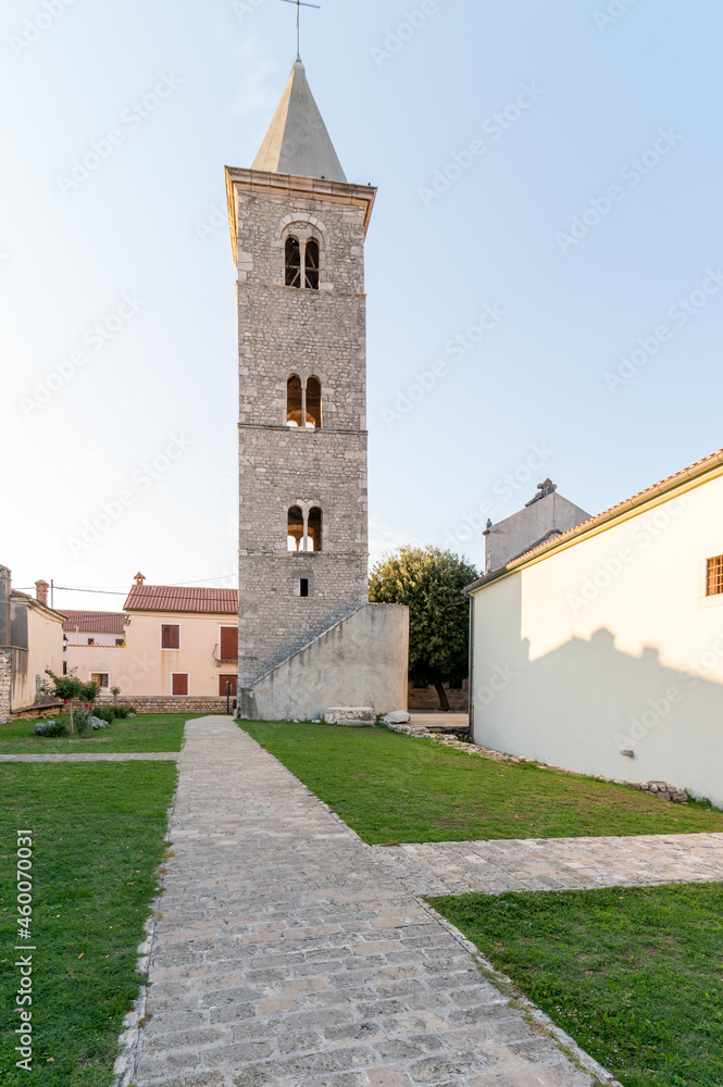 Nin, Croatia. Bell tower of the Church of St Anselm from 12th century, historic town in the Zadar County, Dalmatia.